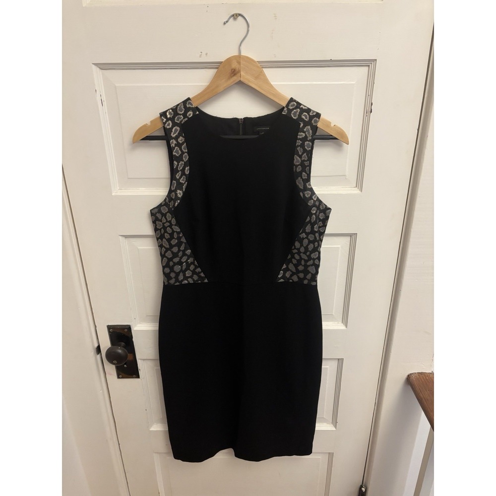 Ann Taylor Women's Black Animal Print Gold Sleeveless Sheath Dress Lined Size 4